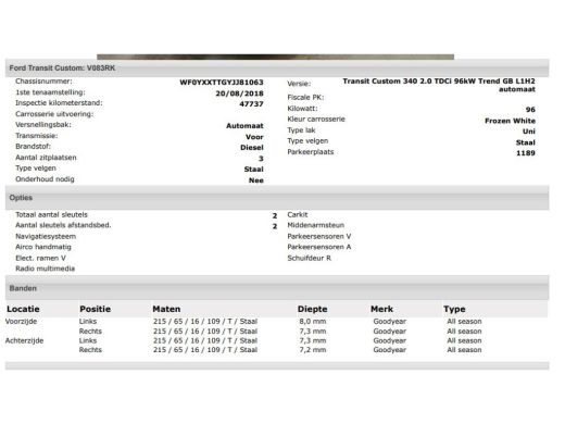 Ford Transit Custom 340 2.0 TDCI Trend Automaat Euro6 H2 3Pers. / Navigatie / Pdc./ Airco / Safety&Comfort pack / Dri... ActivLease financial lease