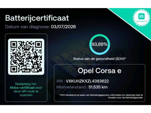 Opel Corsa-e Elegance 100KW / 50 kWh / SOH 93.88% / Navigatie / 1/2Leder / Airco-ecc. / Keyless entry / Radio ... ActivLease financial lease