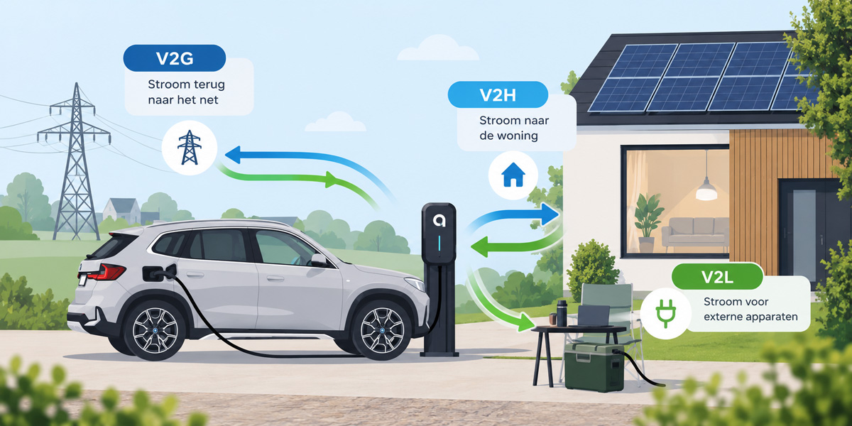 Hoe werkt bidirectioneel laden? Het verschil tussen V2G, V2H en V2L Illustratie van bidirectioneel laden met V2G naar het elektriciteitsnet, V2H naar de woning en V2L naar elektrische apparaten.