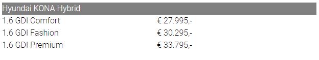 Hyundai KONA Hybrid prijzen