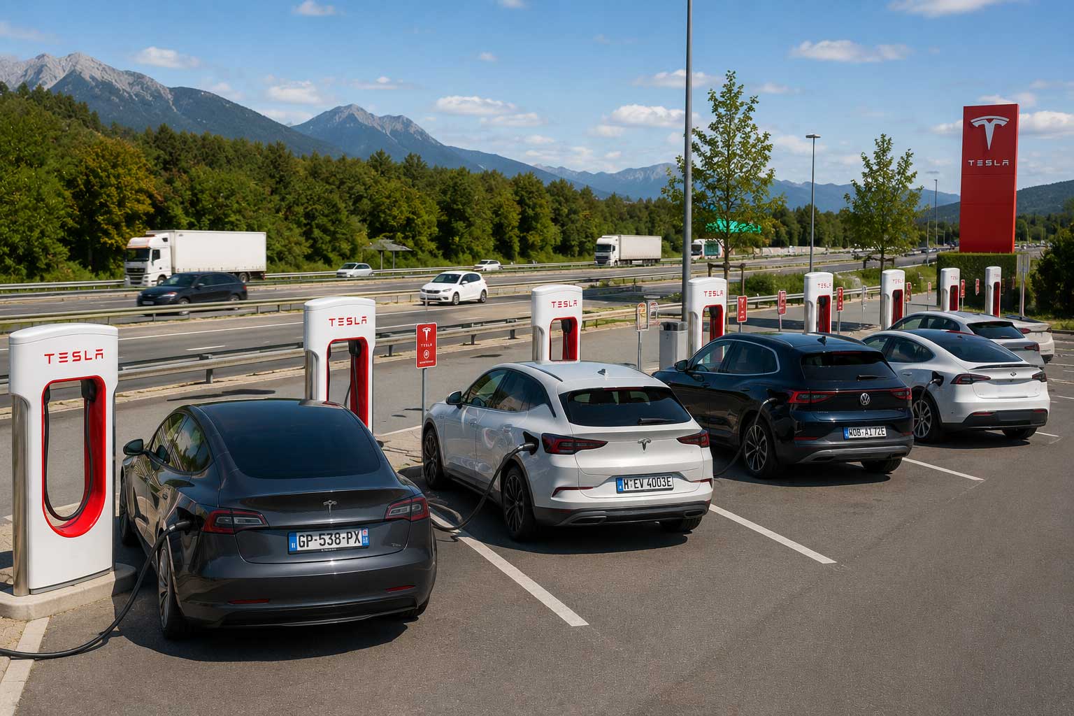 Tesla Superchargers zijn toegankelijk voor auto's van andere merken en bieden vaak scherpe laadtarieven Meerdere elektrische auto's van verschillende merken laden bij Tesla Superchargers langs een Europese snelweg.